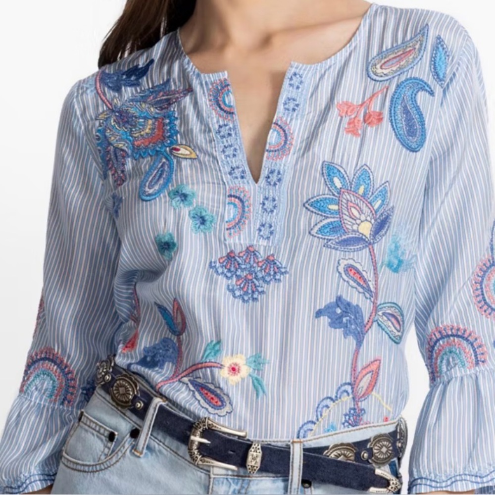 Johnny Was Blue Eye Embroidered Ruffle Blouse currently online
